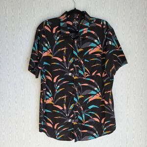 Billabong Mens Large Hawaiian Shirt Black Palm Tree Button Down Resortwear